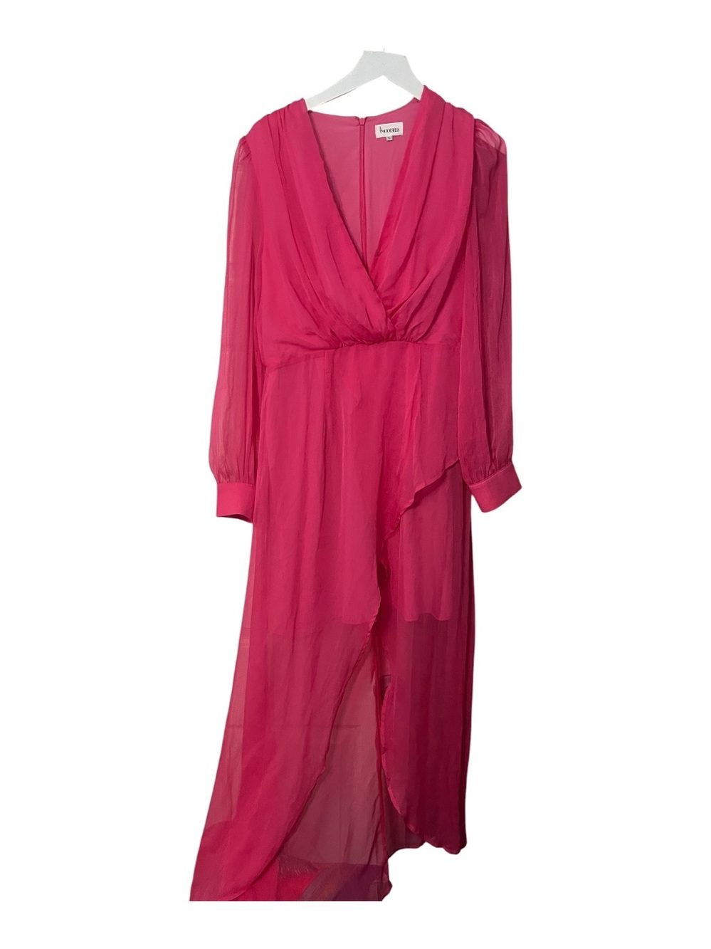 Modesees Women Hot Pink Chiffon Long Sleeve V-Neck
High-Low Maxi Dress.